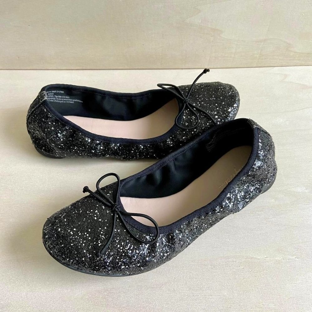 ruby & bloom Girls' Black Multi-Glitter Ballerina Flats with Bow